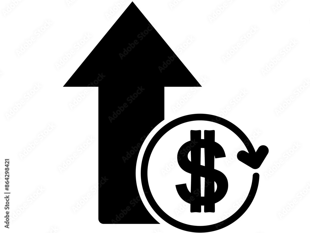 money coin increase icon, vector design. Icon, sign or symbol. Consisting of coins, round circles, dollars and upward arrows. Concept of financial progress, economy, shares or salary. money coin increase icon, vector design. Icon, sign or symbol. Consisting of coins, round circles, dollars and upward arrows. Concept of financial progress, economy, shares or salary.