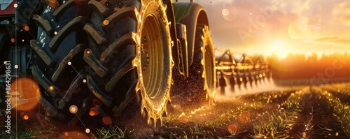 Close-up of an irrigation tractor's wheels and spray system, with sunset and an overlay of data on agricultural productivity and food supply photo