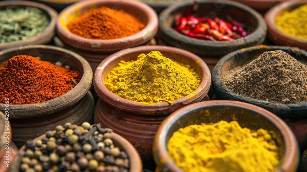 Colorful middle east spices, condiments in bowls, side view Colorful middle east spices, condiments in bowls, side view