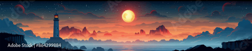 Scenic view of a lighthouse on a cliff overlooking a dramatic sunset seascape with colorful clouds and distant mountains. Generative ai vector illustration. Pop art comic book style imitation