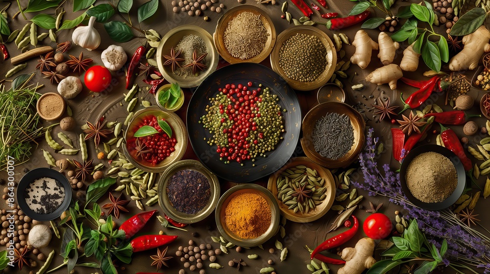 Top view on different seasoning middle east spices, on kitchen table Top view on different seasoning middle east spices, on kitchen table