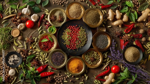 Fototapeta Naklejka Na Ścianę i Meble -   Top view on different seasoning middle east spices, on kitchen table