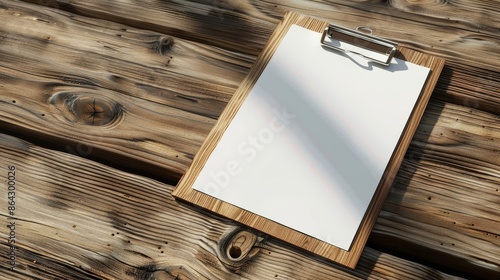 Wooden clipboard with blank white paper on rustic wooden table, top view. Office supplies and stationary concept