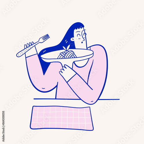 Young woman eating pasta. Italian cuisine concept. 