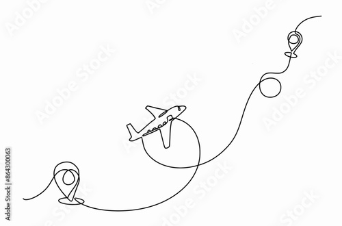 Continuous line drawing of airplane, destination line path of airplane flight route with starting point location, Path with location pins. Distance from one point to another in doodle style