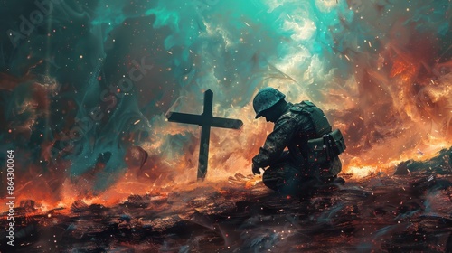 Christian soldier praying with cross in the background. Digital painting © Farda Karimov