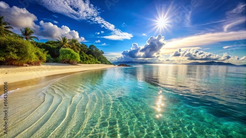 Tropical Paradise: Pristine White Sand Beach and Crystal Clear Waters Under a Radiant Sun