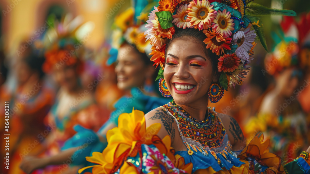 Fototapeta premium Vibrant Carnival Celebration with Joyful Dancer in Festive Costume. Generative ai