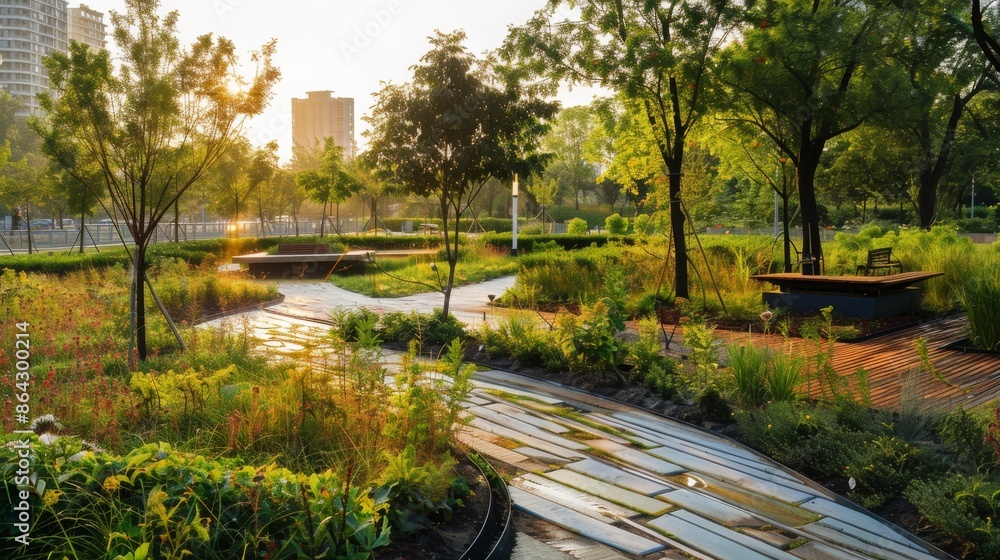 Obraz premium A beautiful city park with bioswales, rain gardens, and permeable pavements.