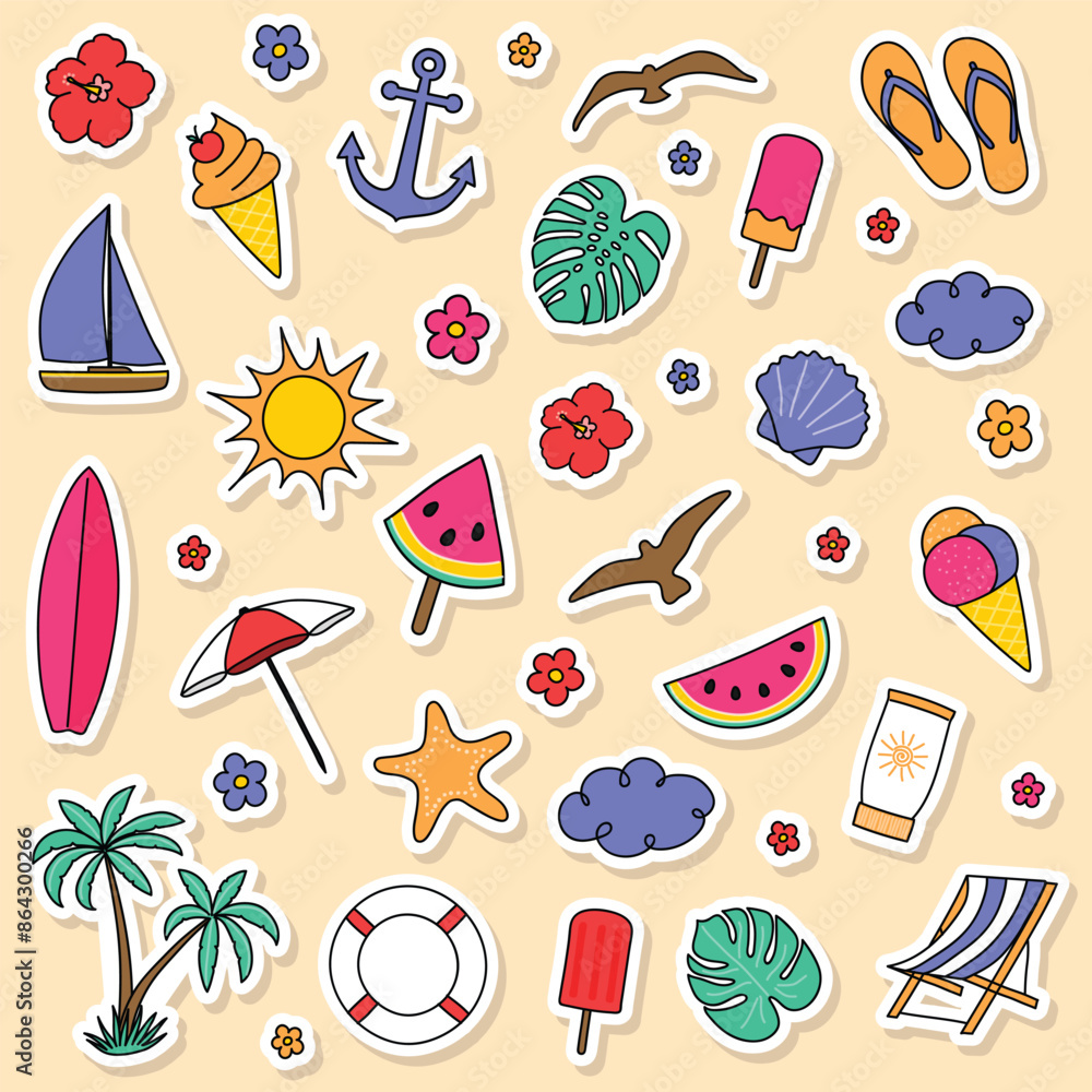 Cute summer icon set. Hand drawn stickers. Vector illustration Cute summer icon set. Hand drawn stickers. Vector illustration