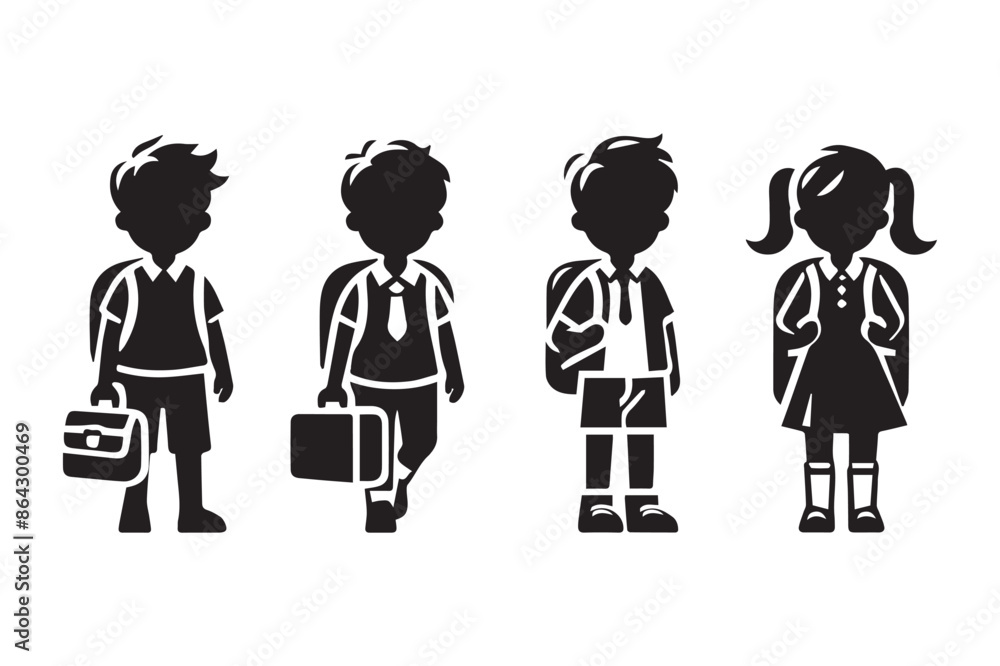 Black silhouette set icon of children going to school vector illustration art. Black silhouette set icon of children going to school vector illustration art.