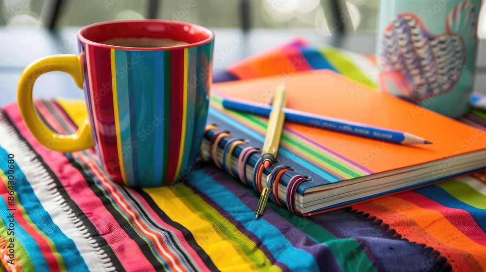 Bright and energetic work desk with a vibrant coffee mug, colorful notebook, pencil, and pen, ideal for a lively and dynamic workspace Bright and energetic work desk with a vibrant coffee mug, colorful notebook, pencil, and pen, ideal for a lively and dynamic workspace