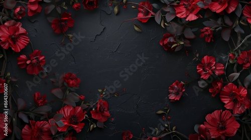 A black background with red flowers in the foreground