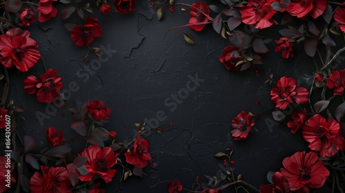 A black background with red flowers in the foreground © Tatiana