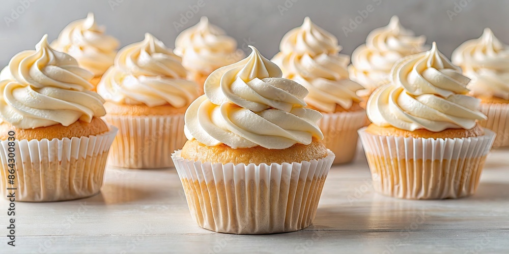 Vanilla cupcakes with swirled frosting. Vanilla cupcakes with swirled frosting.