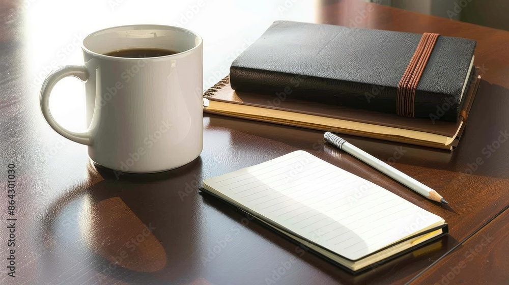 Elegant coffee mug, sleek notebook, pencil, and pen on a polished wooden desk, emphasizing productivity and style Elegant coffee mug, sleek notebook, pencil, and pen on a polished wooden desk, emphasizing productivity and style