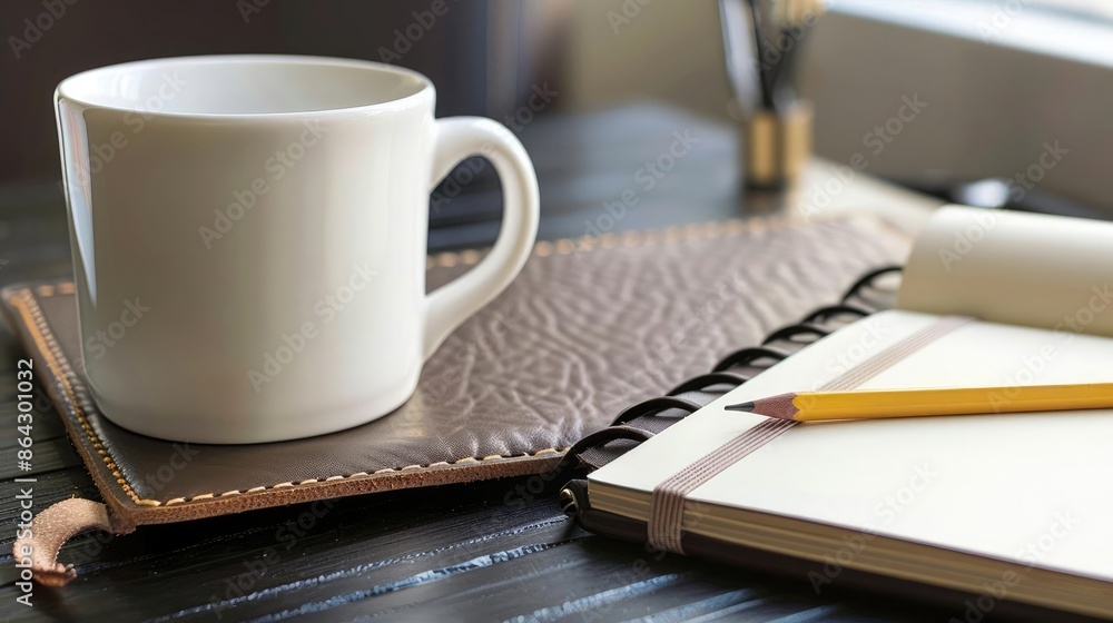 Elegant work desk with a porcelain coffee mug, leather notebook, pencil, and pen, reflecting luxury and sophistication Elegant work desk with a porcelain coffee mug, leather notebook, pencil, and pen, reflecting luxury and sophistication