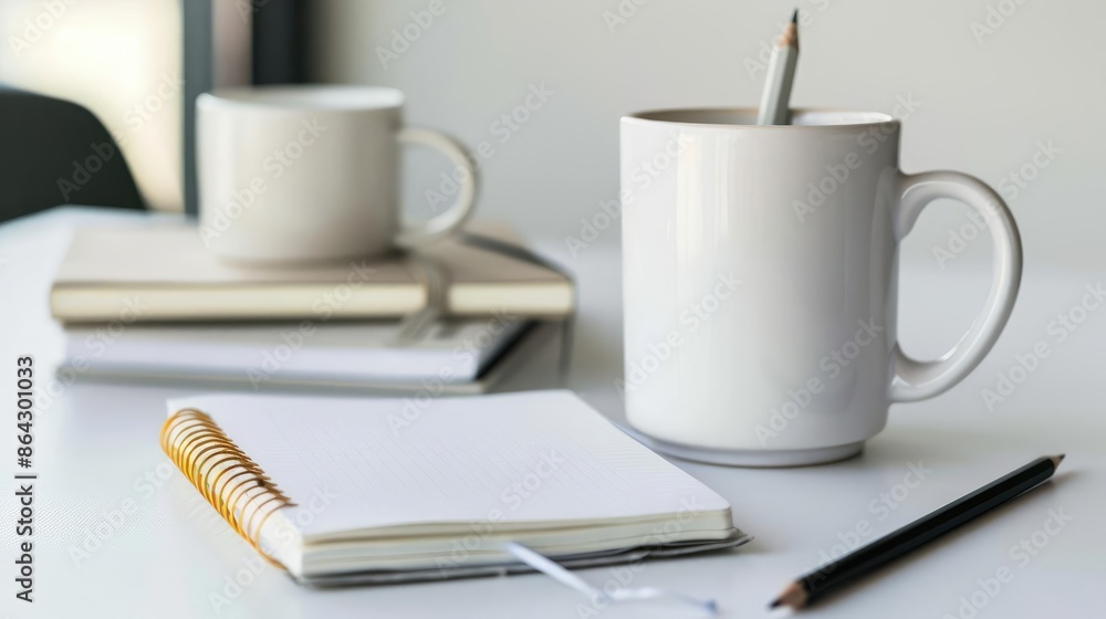 Minimalist work desk with a clean coffee mug, simple notebook, pencil, and pen, ideal for a clutter-free and focused work environment Minimalist work desk with a clean coffee mug, simple notebook, pencil, and pen, ideal for a clutter-free and focused work environment