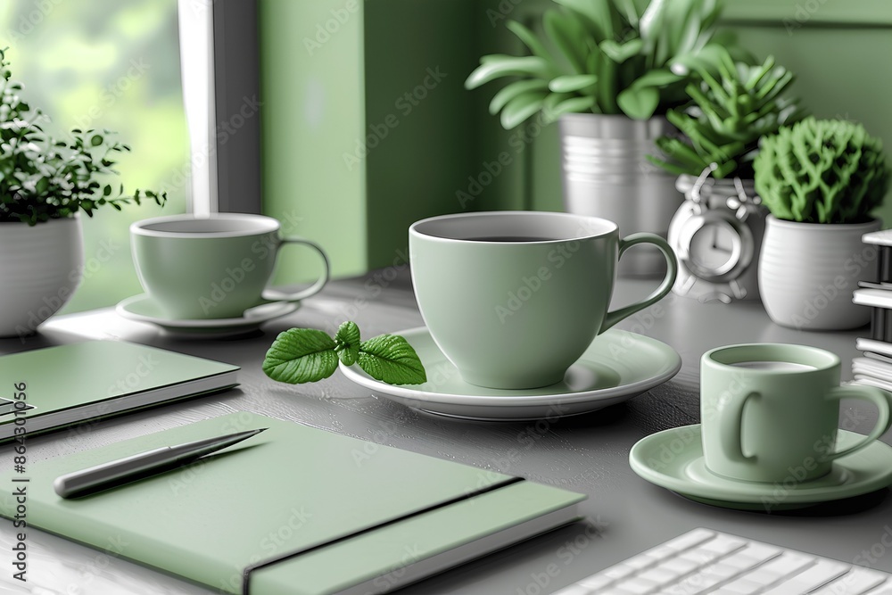A photorealistic image of mint green coffee cups and saucers on an office desk, featuring a clean modern workspace with plants and stationery items like notepads and pens in the background. A photorealistic image of mint green coffee cups and saucers on an office desk, featuring a clean modern workspace with plants and stationery items like notepads and pens in the background.