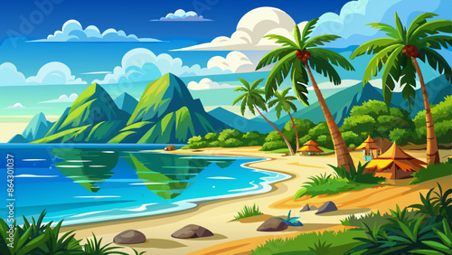 Background of the Summer Vacation concept. sandy beach Sparkling sea water contrasts with the blue sky.