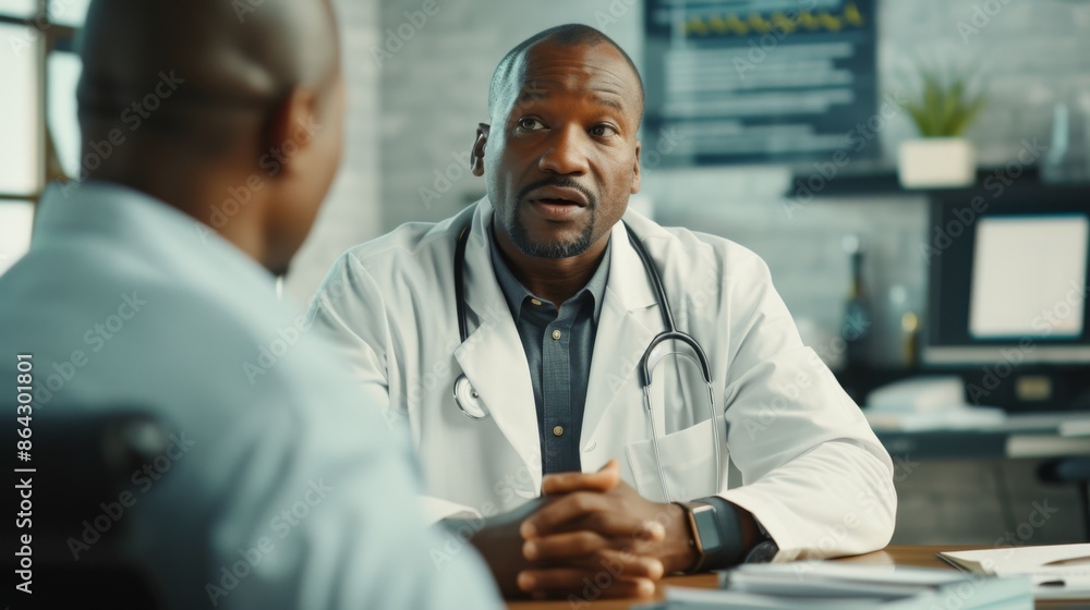 A doctor sitting at a desk, discussing treatment options with a patient A doctor sitting at a desk, discussing treatment options with a patient