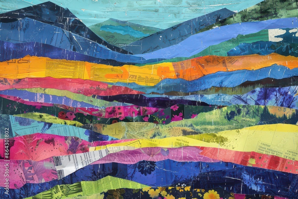 vibrant torn paper collage forming abstract landscape layers of ...