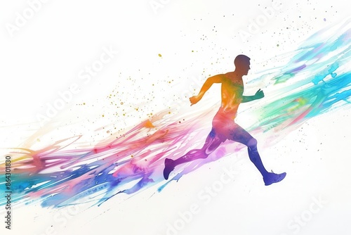 vibrant watercolor silhouette of male runner in motion rainbow hues blending and flowing to capture speed and energy © furyon