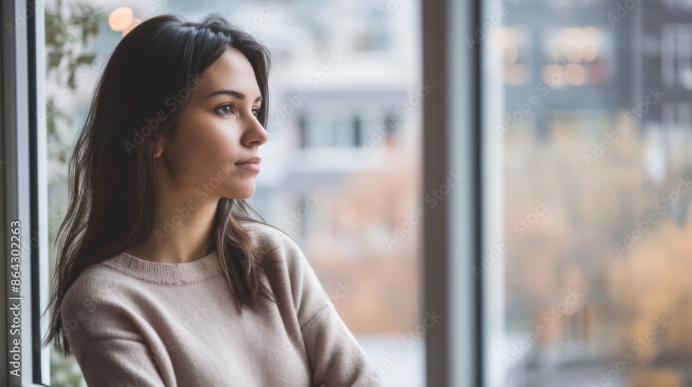 Woman standing by the window and looking thoughtfully at the street Woman standing by the window and looking thoughtfully at the street