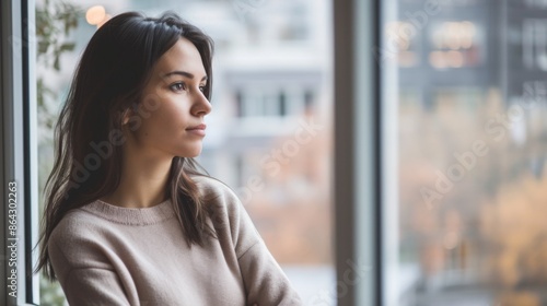 Woman standing by the window and looking thoughtfully at the street Free Download Woman standing by the window and looking thoughtfully at the street - GFXLoad