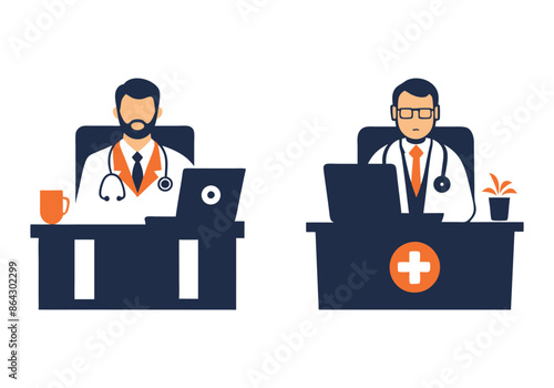 Doctor Sitting in Chamber Flat Color Vector Art Illustration Bundle - Perfect for Medical Designs. photo