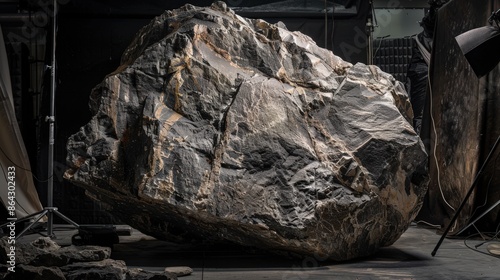 Studio setup with dramatic lighting highlighting the rough texture of a large rock