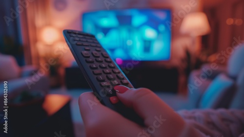 Woman hand holding a TV remote control, aimed towards an out-of-focus television screen in the background