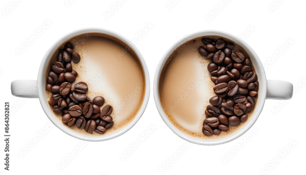Two coffee cups with coffee beans forming a yin-yang pattern in the frothy coffee isolate on transparent background, cutout, png Two coffee cups with coffee beans forming a yin-yang pattern in the frothy coffee isolate on transparent background, cutout, png