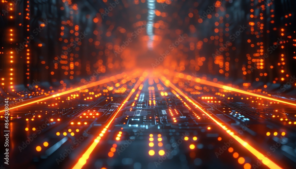Abstract futuristic data center with glowing orange lights and circuit patterns, creating a vibrant technology background. Abstract futuristic data center with glowing orange lights and circuit patterns, creating a vibrant technology background.