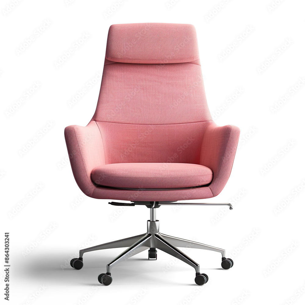 A stylish pink textile office chair stands alone against a transparent background. A stylish pink textile office chair stands alone against a transparent background.