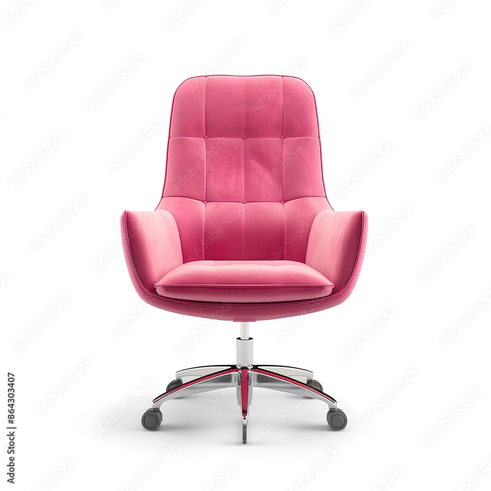 A stylish pink textile office chair stands alone against a transparent background. A stylish pink textile office chair stands alone against a transparent background.