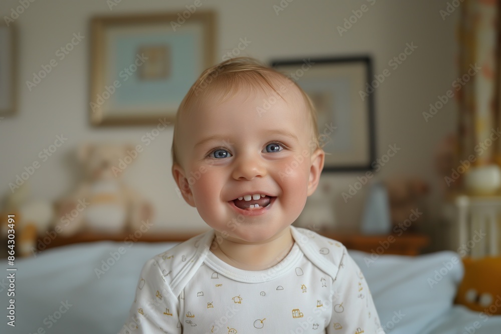 A baby with blue eyes smiles happily, showing off his first tooth. A baby with blue eyes smiles happily, showing off his first tooth.
