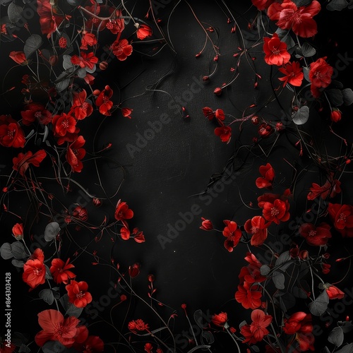 A black background with red flowers in the foreground © Tatiana