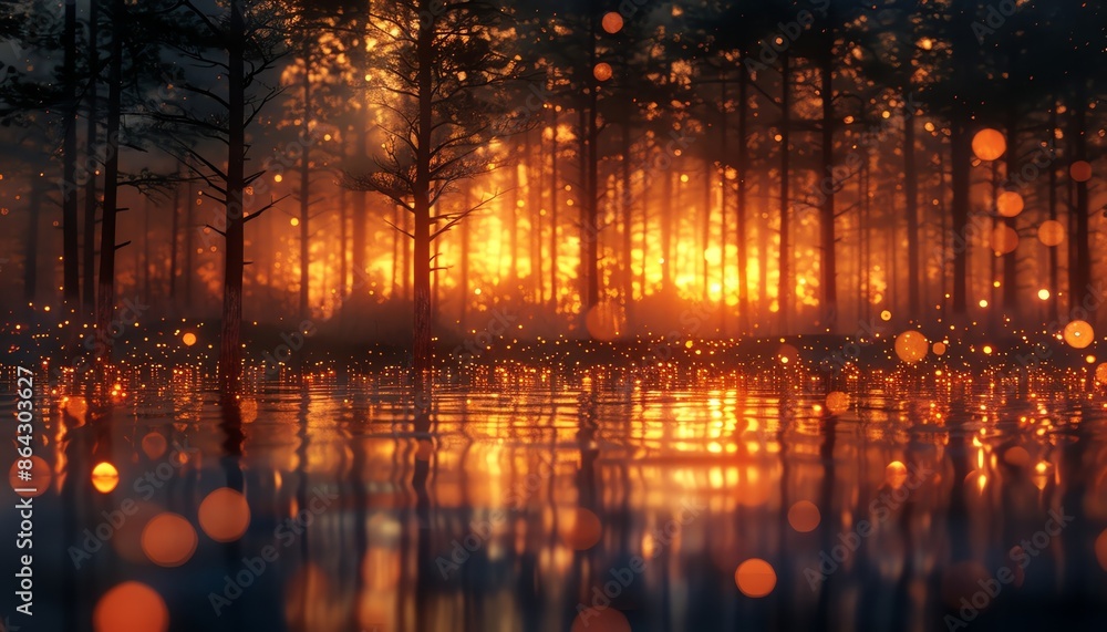 Naklejka premium Mysterious forest with glowing lights reflected in water, creating a surreal atmosphere at sunset.