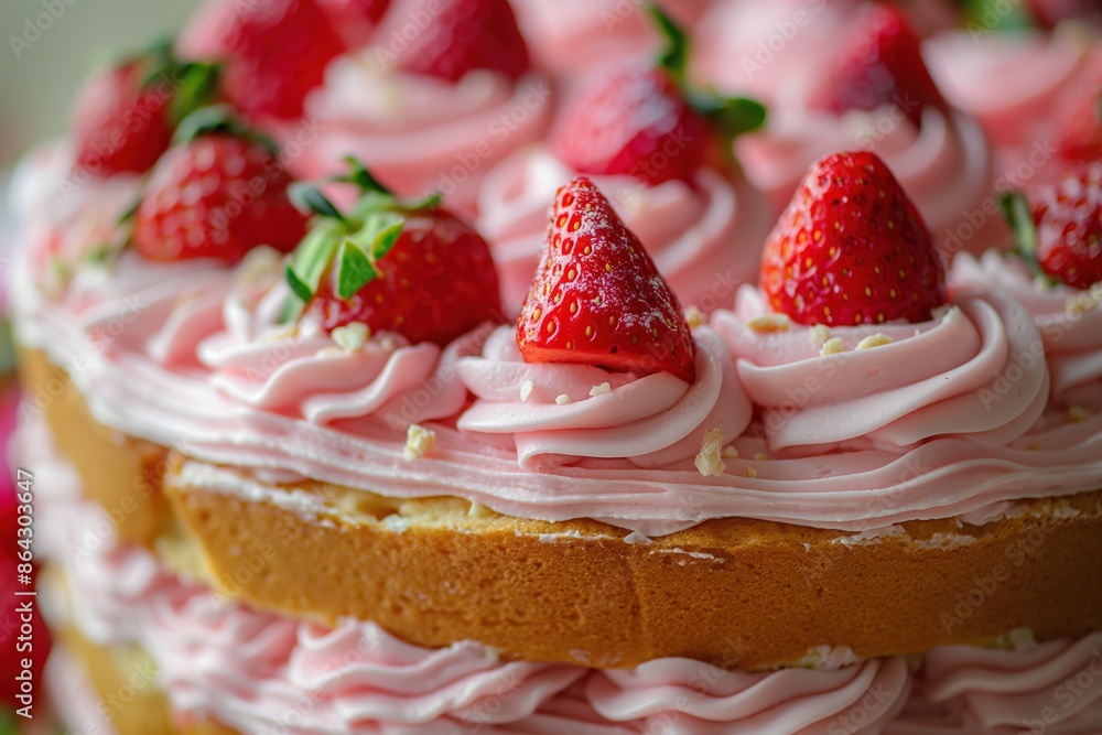Close-up of a luscious strawberry cake with pink frosting and fresh berries, showcasing its detail and texture. Close-up of a luscious strawberry cake with pink frosting and fresh berries, showcasing its detail and texture.