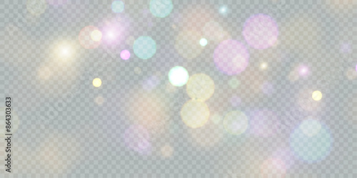 Sparkling glare light effects with colorful shimmer. Beautiful lens flare effect with bokeh, glittery particles and rays. Shining abstract background. Vector illustration	