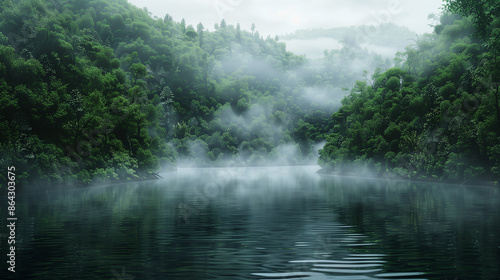 there is a boat floating on a river with fog in the air