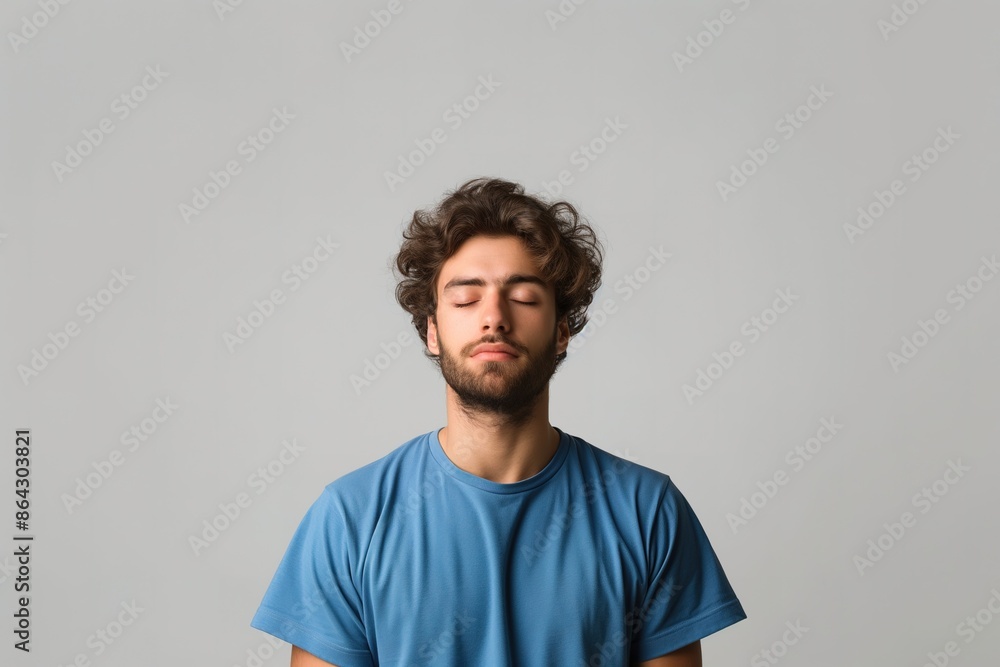 A young man with curly hair and a beard meditates with his eyes closed against a gray background. A young man with curly hair and a beard meditates with his eyes closed against a gray background.