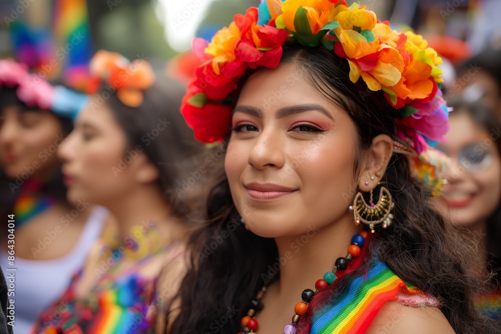 A young woman with a flower crown smiles during a pride parade in Mexico.
