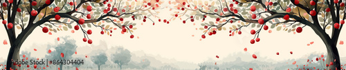 Charming autumn orchard scene with red apples falling from trees, framed by branches and colorful foliage against a soft background. Generative ai vector illustration. 
