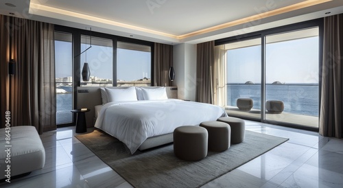 Modern Bedroom With Water View and White Bedding