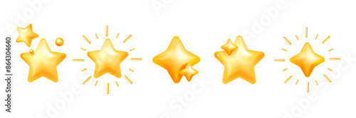 3D star icon set, cosmic sticker, yellow y2k trendy sky vector plastic holiday decor collection kit. New Year Christmas festive shapes, sparkle ray, social media quality service rate. 3D star clipart