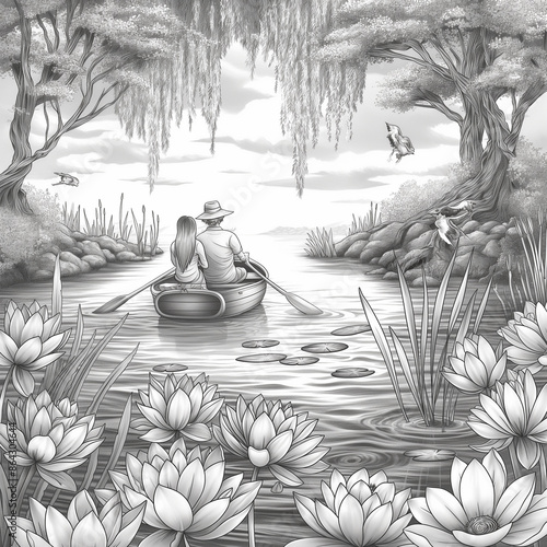 there is a man in a boat on a lake surrounded by water lilies photo