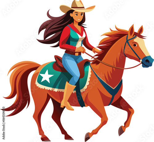 Beautiful cowgirl riding horse galloping wearing hat western riding