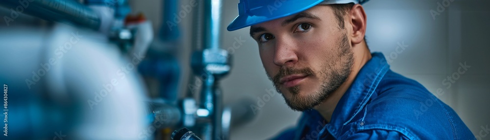 Plumber in a bathroom examining exposed pipes behind a wall panel, using a flashlight and tools, realistic lighting and setting, high clarity Plumber in a bathroom examining exposed pipes behind a wall panel, using a flashlight and tools, realistic lighting and setting, high clarity